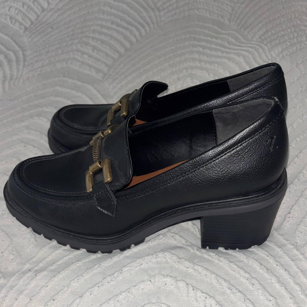 Clarks Black Leather Block Heel Loafers with Gold Accent - Picture 5 of 6